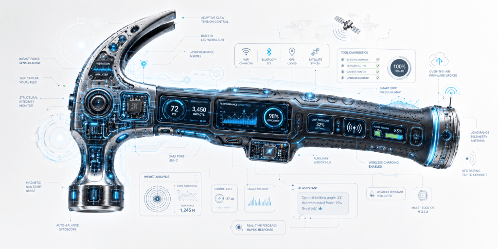 How Much Technology Can We Put Into a Hammer?

At some point, the question has to be asked: how much technology can we put into a hammer before it stops being useful?